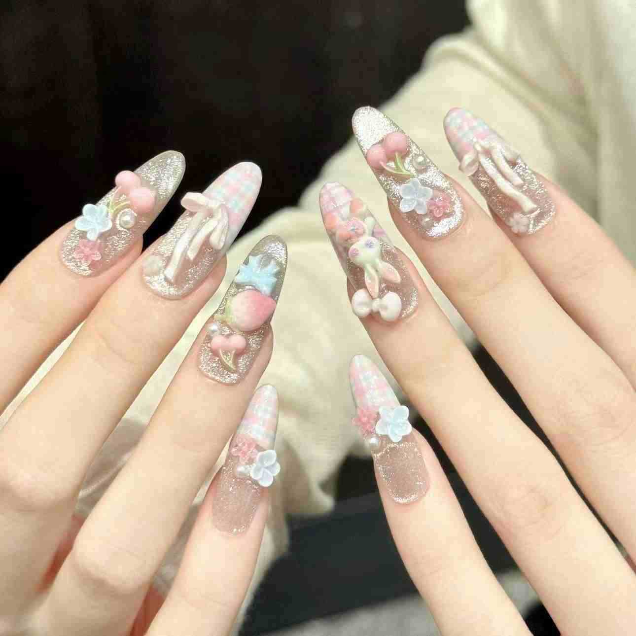 10개입 타원형 수제 프레스온 네일, 하늘색 꽃무늬 곰 - Pressed Flower Art 리뷰 및 가격