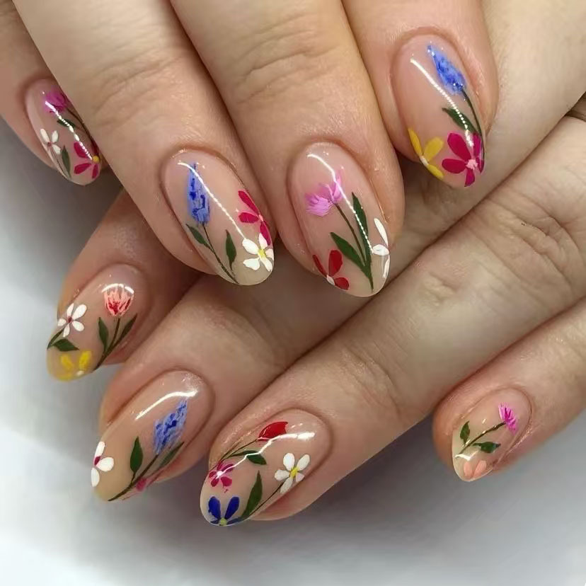 24Pcs 간단한 아몬드 손톱 팁 신선한 다채로운 꽃  - Pressed Flower Art 리뷰 및 가격